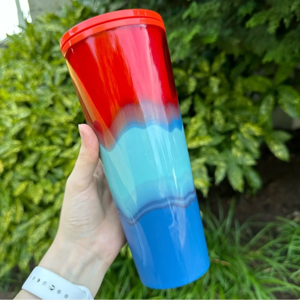 Starbucks Summer Red/Blue Wave 2021 Trio Venti Cold Cup Tumbler 24oz NO STRAW